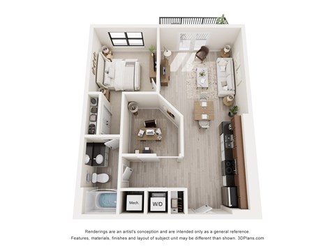 A 3D floor plan of a small apartment with a kitchen, living room, and bathroom.